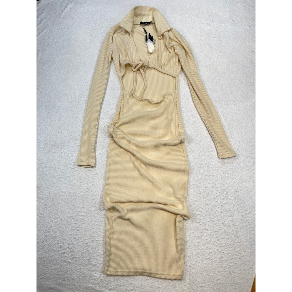 PrettyLittleThing Cream Ribbed Long Sleeve Cutout Maxi Dress Size 2 NWT